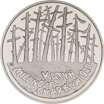 Rewers pierwszej srebrnej monety wydanej po denominacji - 03.04.1995 r. w temacie Katyń, Miednoje, Charków 1940